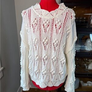 POL White Knit Sheer Boho Popcorn Open Weave Long Sleeve Pullover Sweater Size M